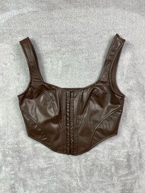 Windsor Faux Leather Corset Crop Top-Chocolate Brown-Size Small-Hook & Eye Front